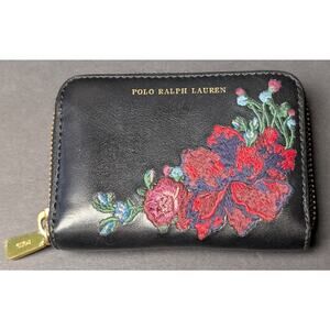 Polo Ralph Lauren Black Zip Around Wallet Beautiful Floral Embroidered Leather